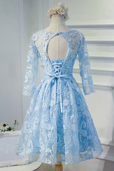 Round Neck Long Sleeves Light Blue Lace Short Prom Homecoming Dresses, Long Sleeve Light Blue Formal Dresses, Light Blue Lace Evening Dresses