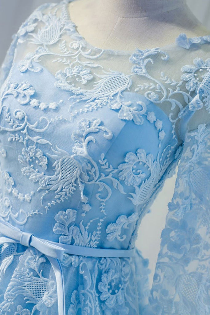 Round Neck Long Sleeves Light Blue Lace Short Prom Homecoming Dresses, Lwt Dress Round Neck Long Sleeves Light Blue Lace Short Prom Homecoming Dresses, Lwt Dress
