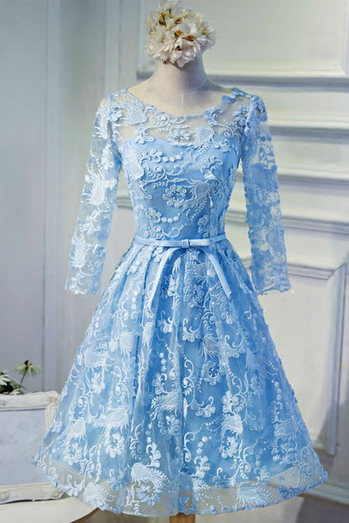 Round Neck Long Sleeves Light Blue Lace Short Prom Homecoming Dresses, –  Lwt Dress