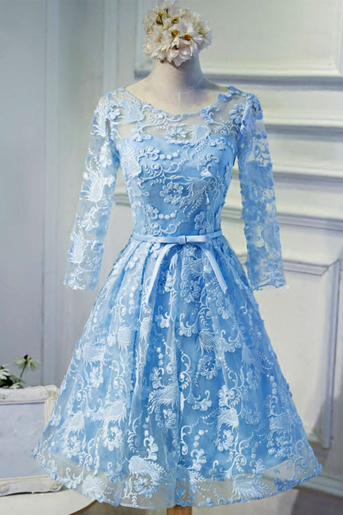 Round Neck Long Sleeves Light Blue Lace Short Prom Homecoming Dresses, Long Sleeve Light Blue Formal Dresses, Light Blue Lace Evening Dresses