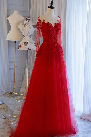 Round Neck Long Sleeves Red Lace Floral Long Prom Dresses, Long Sleeves Red Formal Dresses, Red Lace Evening Dresses