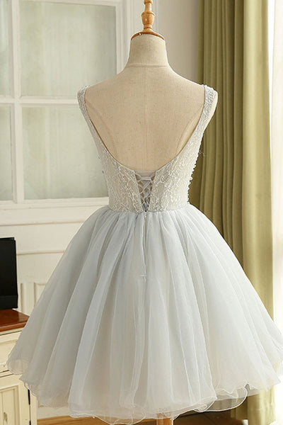 Round Neck Open Back Gray Tulle Beaded Short Prom Homecoming Dresses, Short Gray Formal Evening Dresses with Beadings