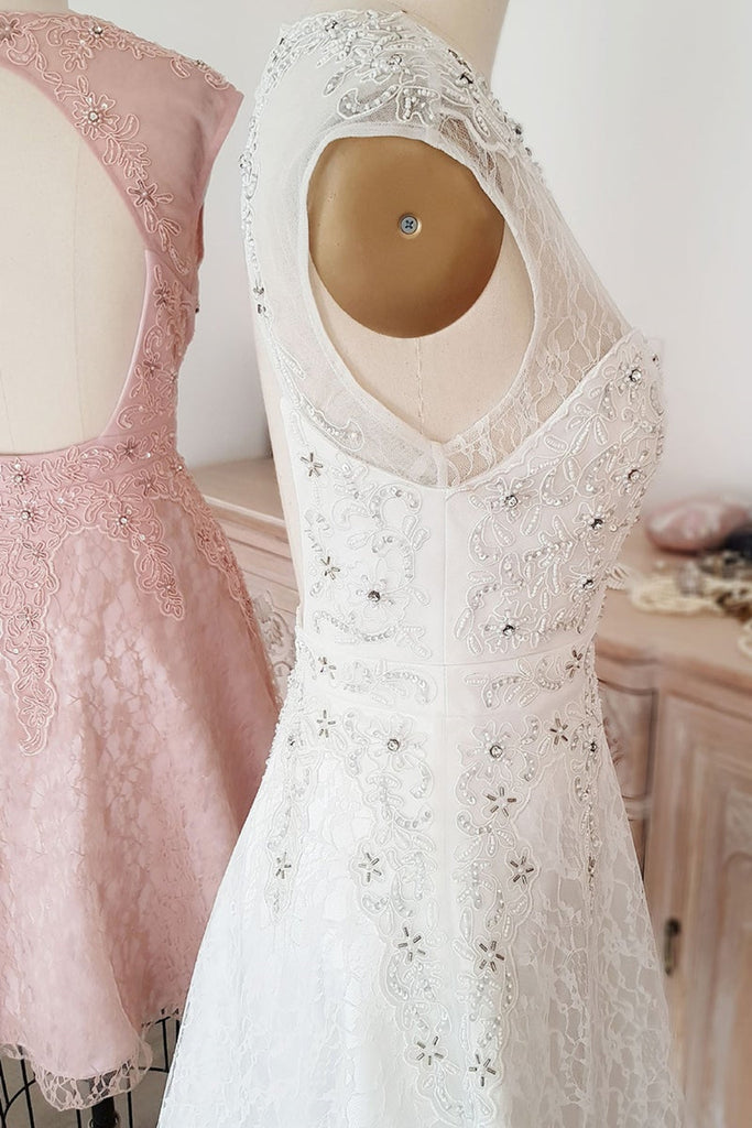 Round Neck Open Back Pink White Lace Beaded Short Prom Dresses, Pink W Lwt Dress Round Neck Open Back Pink White Lace Beaded Short Prom Dresses, Pink W Lwt Dress
