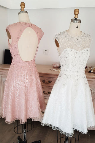 Round Neck Open Back Pink White Lace Beaded Short Prom Dresses, Pink White Lace Homecoming Dresses, Short Pink White Beaded Formal Evening Dresses