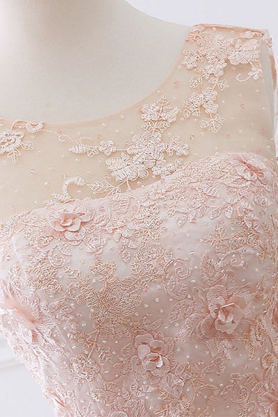 Round Neck Pink Lace Floral Short Prom Homecoming Dresses, Pink Lace Formal Dresses, Pink Evening Dresses with Appliques