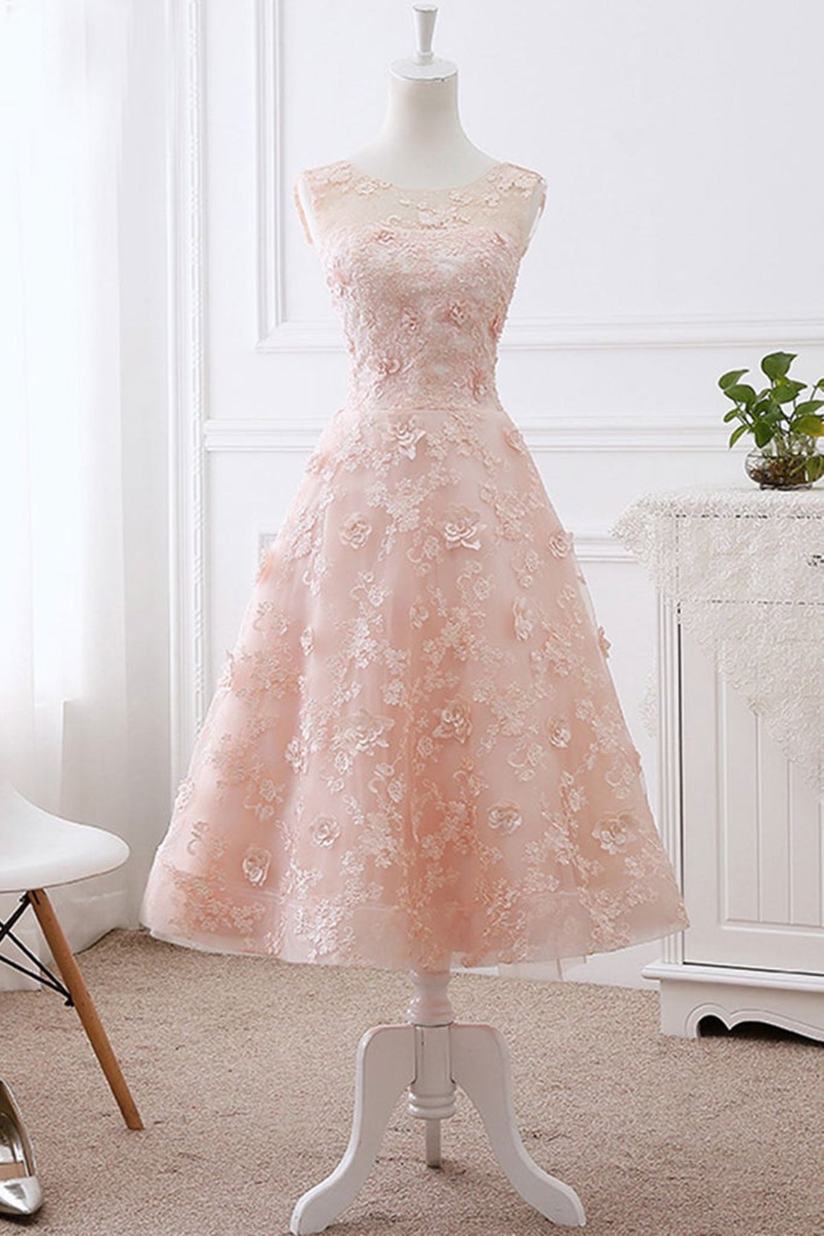 Round Neck Pink Lace Floral Short Prom Homecoming Dresses, Pink Lace F Lwt Dress Round Neck Pink Lace Floral Short Prom Homecoming Dresses, Pink Lace F Lwt Dress
