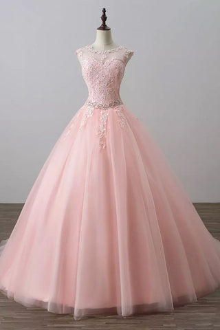Round Neck Pink Lace Long Prom Dresses with Belt, Pink Lace Formal Dresses, Long Pink Evening Dresses