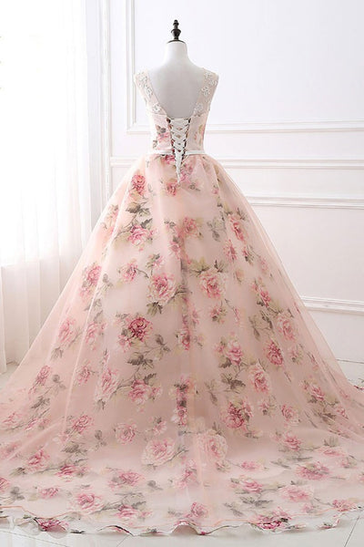 Round Neck Pink Tulle Long Prom Dresses with Lace Appliques, Long Pink Formal Evening Dresses