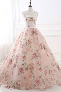 Round Neck Pink Tulle Long Prom Dresses with Lace Appliques, Long Pink Formal Evening Dresses