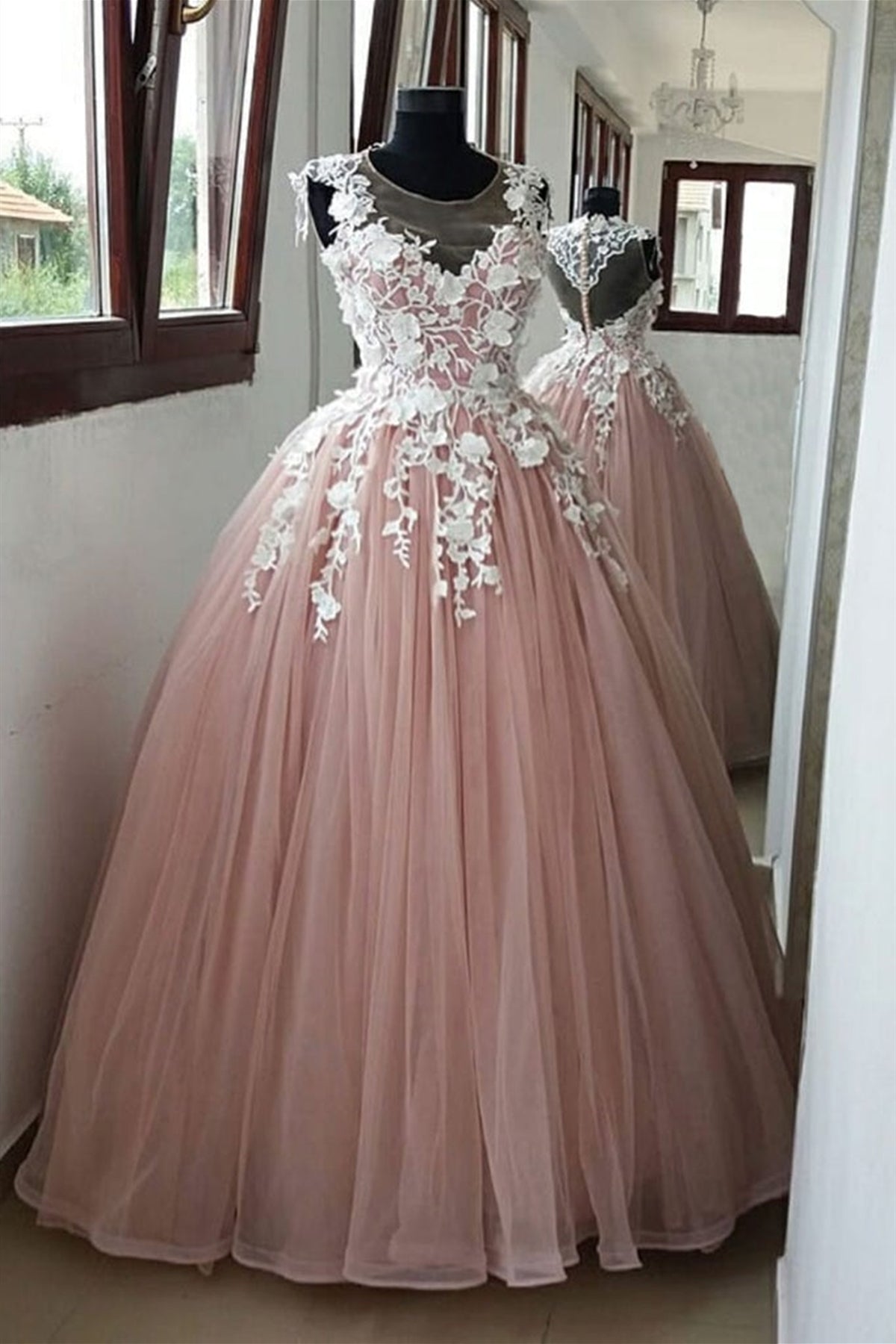 Round Neck Pink Tulle Long Prom Dresses with Lace Appliques, Pink Lace Formal Evening Dresses, Pink Ball Gown