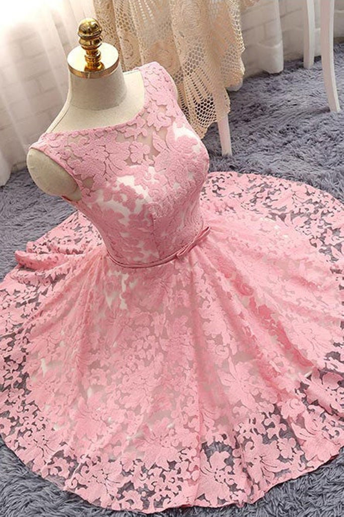 pink and white short homecoming dress Pink A Line Floral Satin Short Homecoming Dress Pink / 00