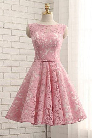 Round Neck Pink/White Lace Short Prom Homecoming Dresses, Pink/White Lace Formal Graduation Evening Dresses