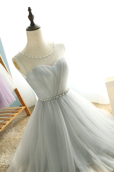 Round Neck Purple/Gray Tulle Short Prom Homecoming Dresses with Belt, Purple/Gray Tulle Formal Graduation Evening Dresses