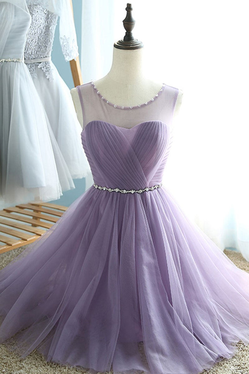 Round Neck Purple/Gray Tulle Short Prom Homecoming Dresses with Belt, Lwt Dress Round Neck Purple/Gray Tulle Short Prom Homecoming Dresses with Belt, Lwt Dress