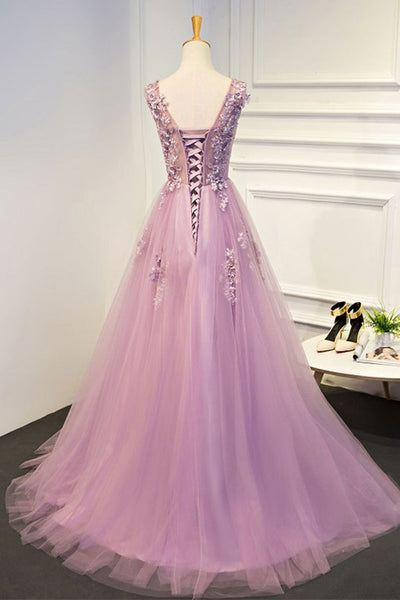 Round Neck Purple Lace Floral Long Prom Dresses, Purple Tulle Formal Dresses, Purple Lace Evening Dresses