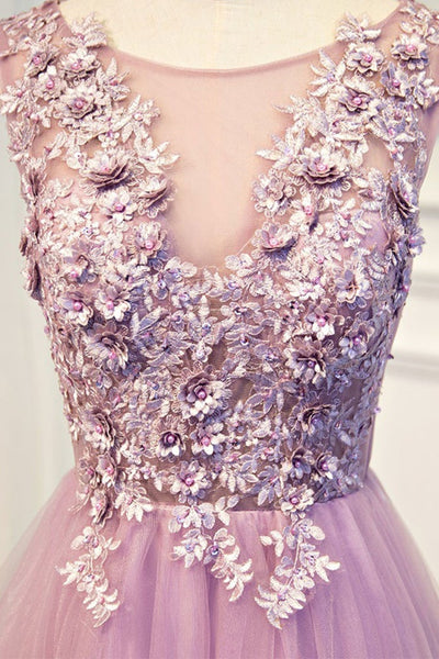 Round Neck Purple Lace Floral Long Prom Dresses, Purple Tulle Formal Dresses, Purple Lace Evening Dresses