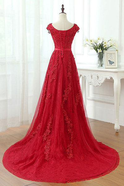 Round Neck Red Lace Long Prom Dresses, Cap Sleeves Red Formal Dresses, Red Lace Evening Dresses