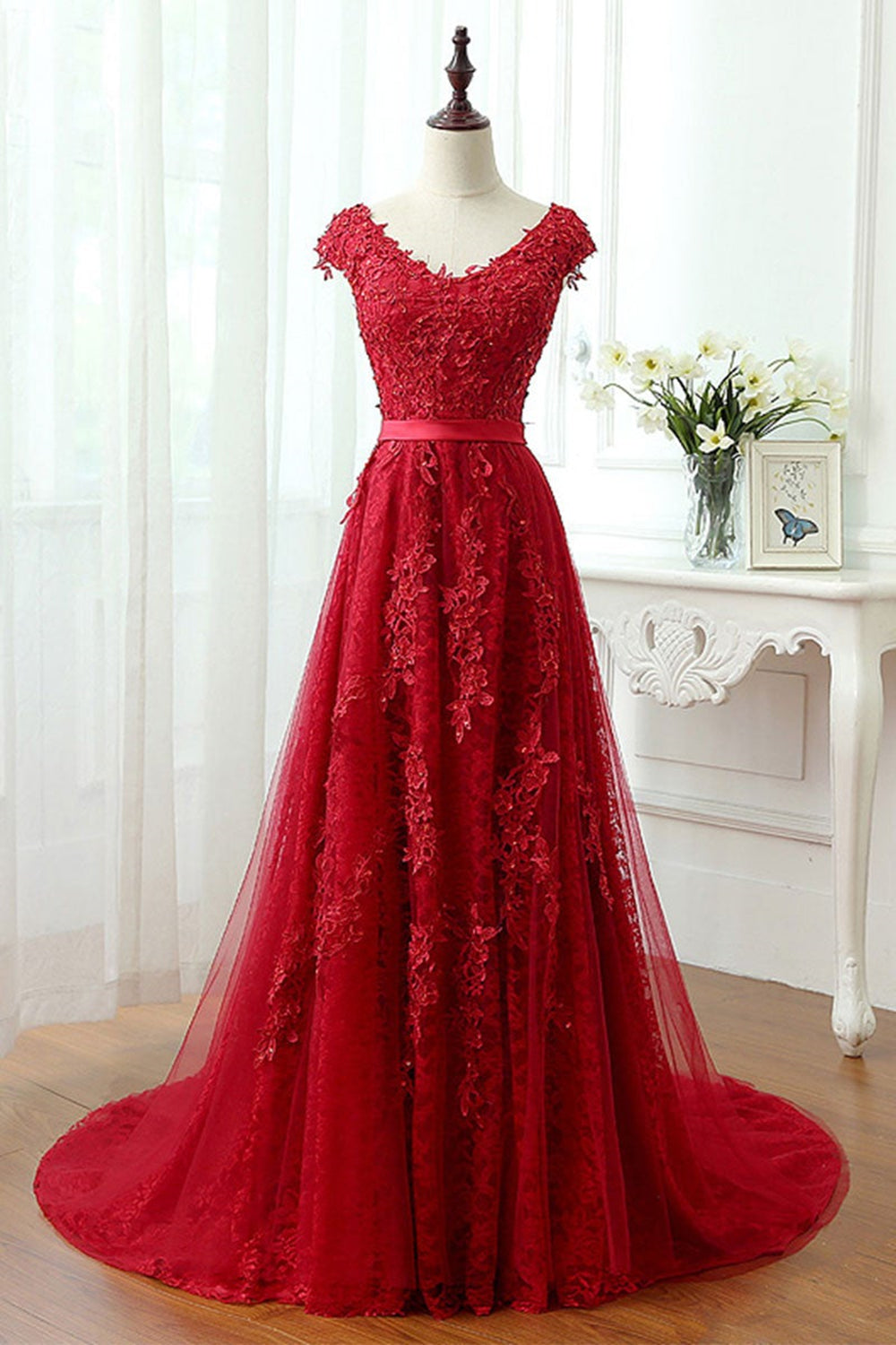 Round Neck Red Lace Long Prom Dresses, Cap Sleeves Red Formal Dresses, Red Lace Evening Dresses
