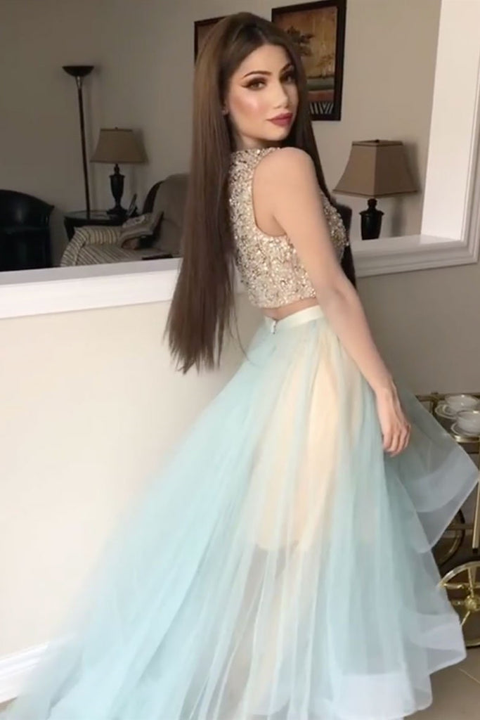Round Neck Two Pieces Beaded Teal Long Prom Dresses, 2 Pieces Teal For Lwt Dress Round Neck Two Pieces Beaded Teal Long Prom Dresses, 2 Pieces Teal For Lwt Dress