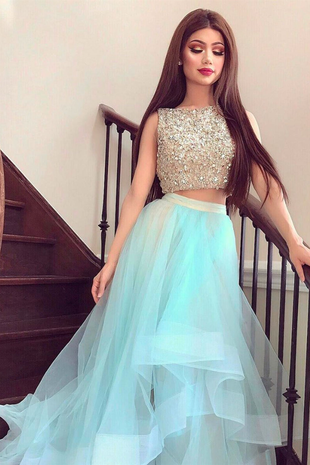 Round Neck Two Pieces Beaded Teal Long Prom Dresses, 2 Pieces Teal For Lwt Dress Round Neck Two Pieces Beaded Teal Long Prom Dresses, 2 Pieces Teal For Lwt Dress