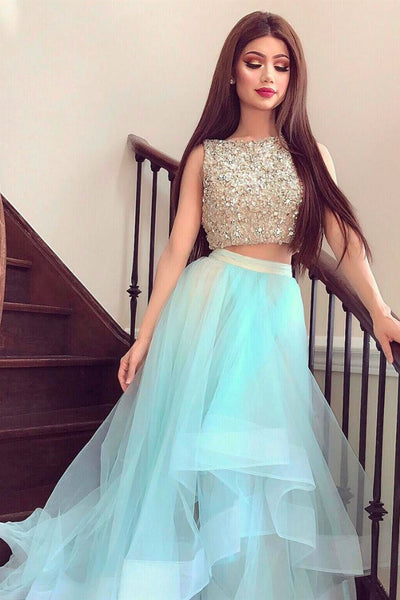 Round Neck Two Pieces Beaded Teal Long Prom Dresses, 2 Pieces Teal Formal Dresses, Beaded Evening Dresses