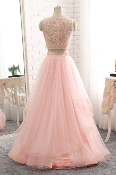 Round Neck Two Pieces Pink Beaded Long Prom Dresses, 2 Pieces Pink Formal Dresses, Beaded Pink Evening Dresses