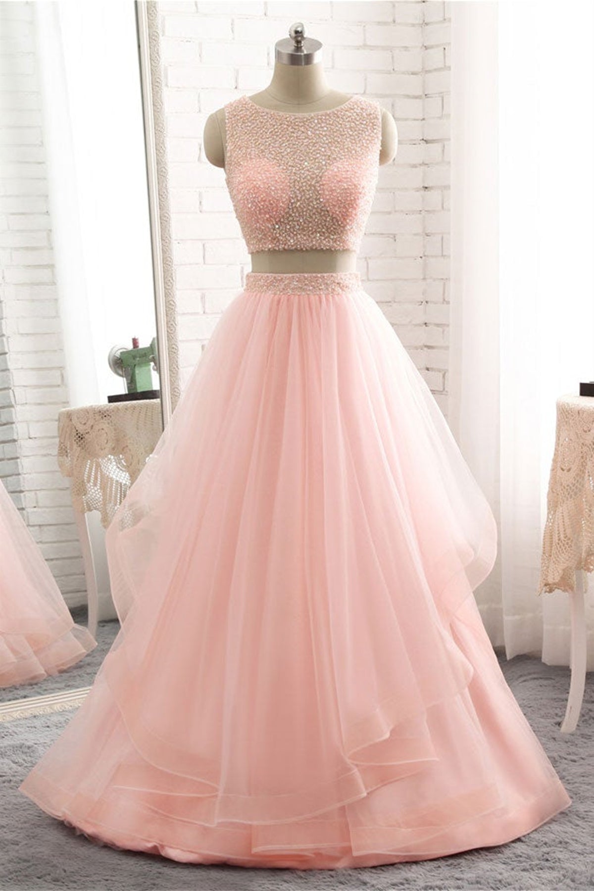 Round Neck Two Pieces Pink Beaded Long Prom Dresses, 2 Pieces Pink Formal Dresses, Beaded Pink Evening Dresses