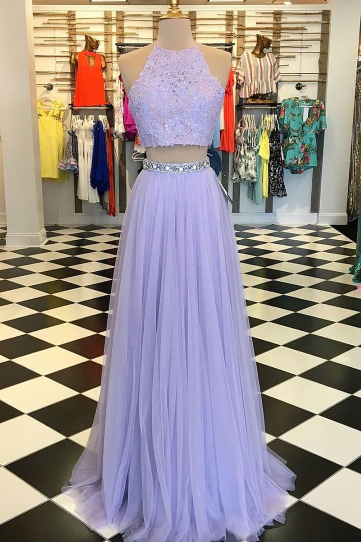 Round Neck Two Pieces Purple Tulle Lace Long Prom Dresses, 2 Pieces Purple Formal Dresses, Purple Lace Evening Dresses