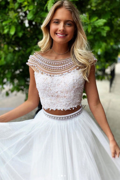 Round Neck White Lace Long Prom Dresses with Pearls, White Lace Two Pieces Formal Dresses, 2 Pieces White Evening Dresses