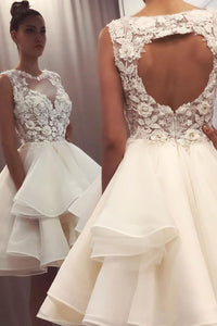 Round Neck White Lace Short Prom Dresses, White Lace Homecoming Dresses, Open Back White Formal Evening Dresses
