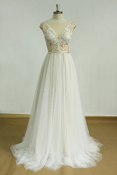 Round Neck White Tulle Lace Long Prom Dresses, White Lace Formal Dresses, White Evening Dresses