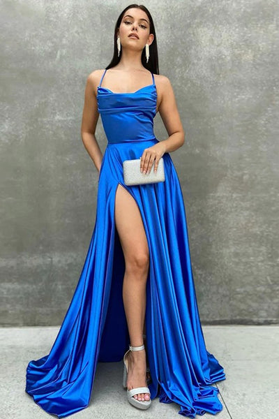 Royal Blue Satin A Line Backless Long Prom Dresses with High Slit, Long Royal Blue Formal Graduation Evening Dresses WT1129