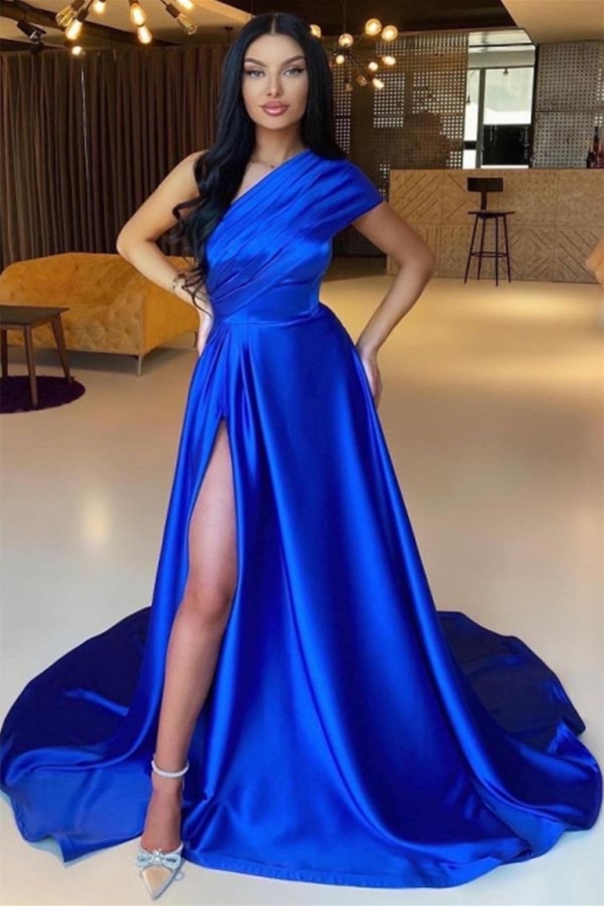 Royal Blue Satin One Shoulder Long Prom Dresses with High Slit, Royal Blue Formal Graduation Evening Dresses WT1078