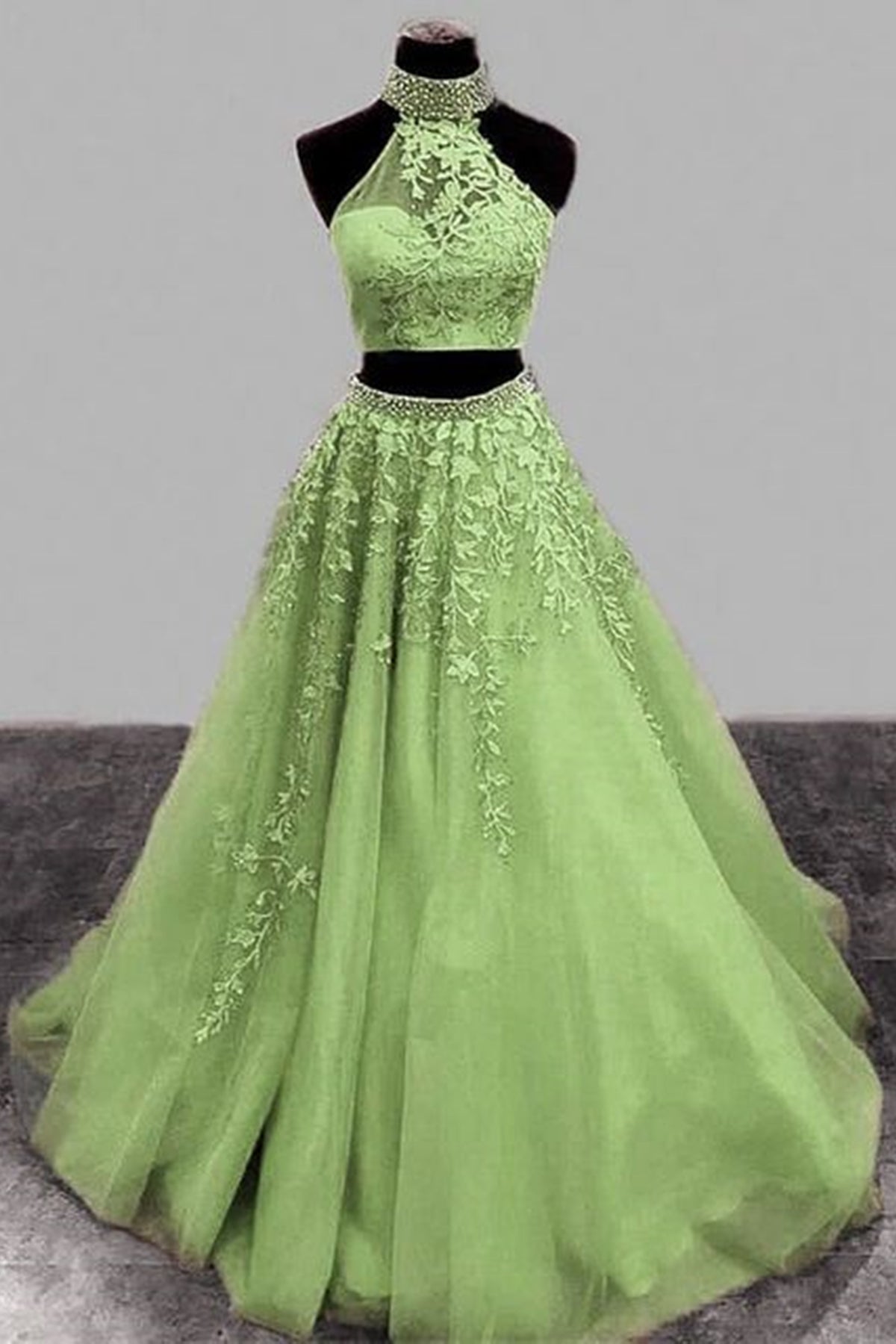 Sage Tulle Two Pieces Beaded Lace Long Prom Dresses, Sage Lace Formal Lwt Dress Sage Tulle Two Pieces Beaded Lace Long Prom Dresses, Sage Lace Formal Lwt Dress