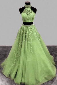 Sage Tulle Two Pieces Beaded Lace Long Prom Dresses, Sage Lace Formal Evening Dresses, Ball Gown WT1152