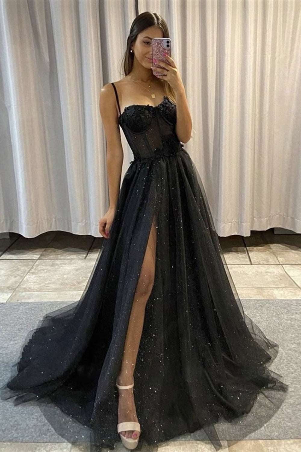Shiny Black Tulle High Slit Long Prom Dresses, Black Tulle Formal Grad Lwt Dress Shiny Black Tulle High Slit Long Prom Dresses, Black Tulle Formal Grad Lwt Dress