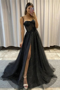 Shiny Black Tulle High Slit Long Prom Dresses, Black Tulle Formal Graduation Evening Dresses