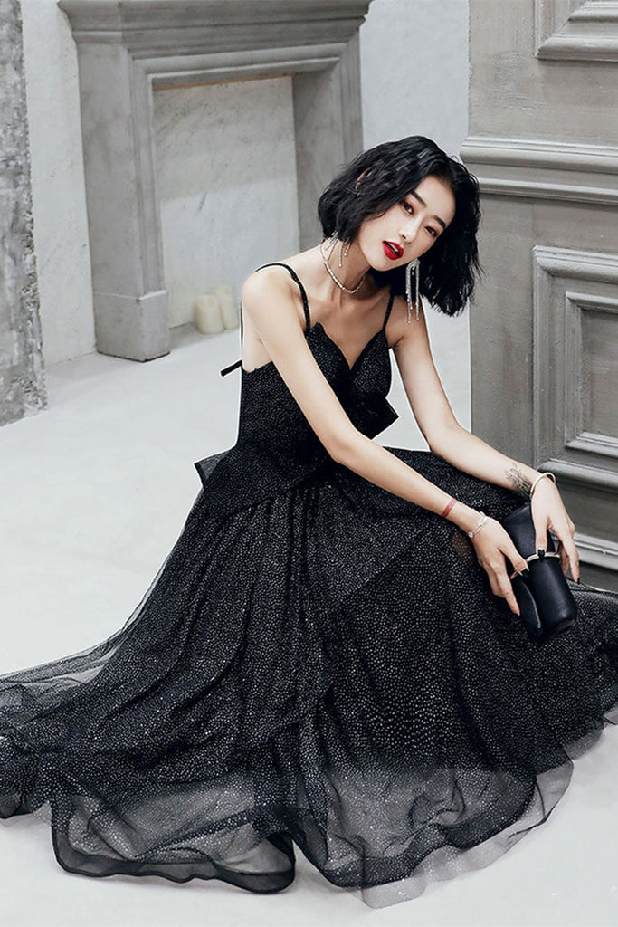 Shiny Black Tulle V Neck Open Back Tea Length Prom Dresses, Black Home Lwt Dress Shiny Black Tulle V Neck Open Back Tea Length Prom Dresses, Black Home Lwt Dress
