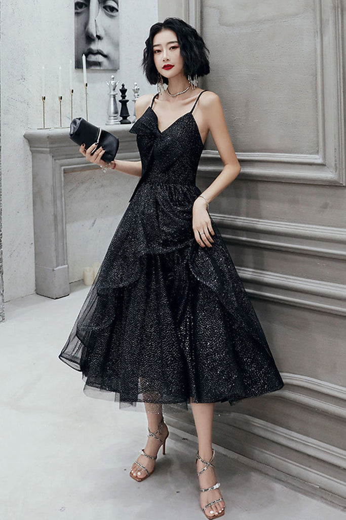 BLACK TULLE V-NECK TEA-LENGTH DRESS* – Livia & Co