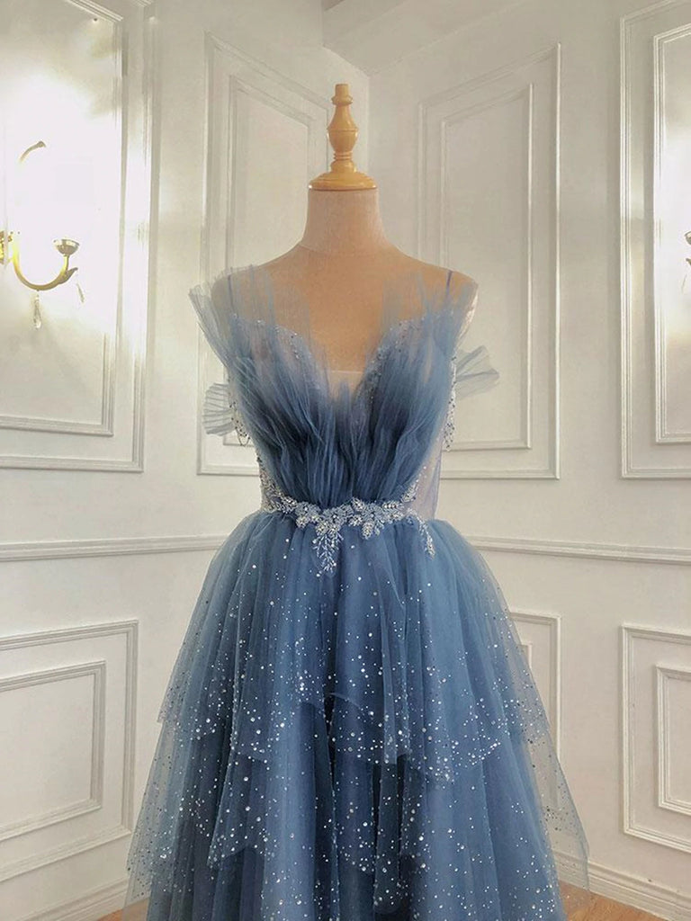 Shiny Blue Beaded Puffy Long Prom Dresses, Blue Beaded Long Formal Gra Lwt Dress Shiny Blue Beaded Puffy Long Prom Dresses, Blue Beaded Long Formal Gra Lwt Dress