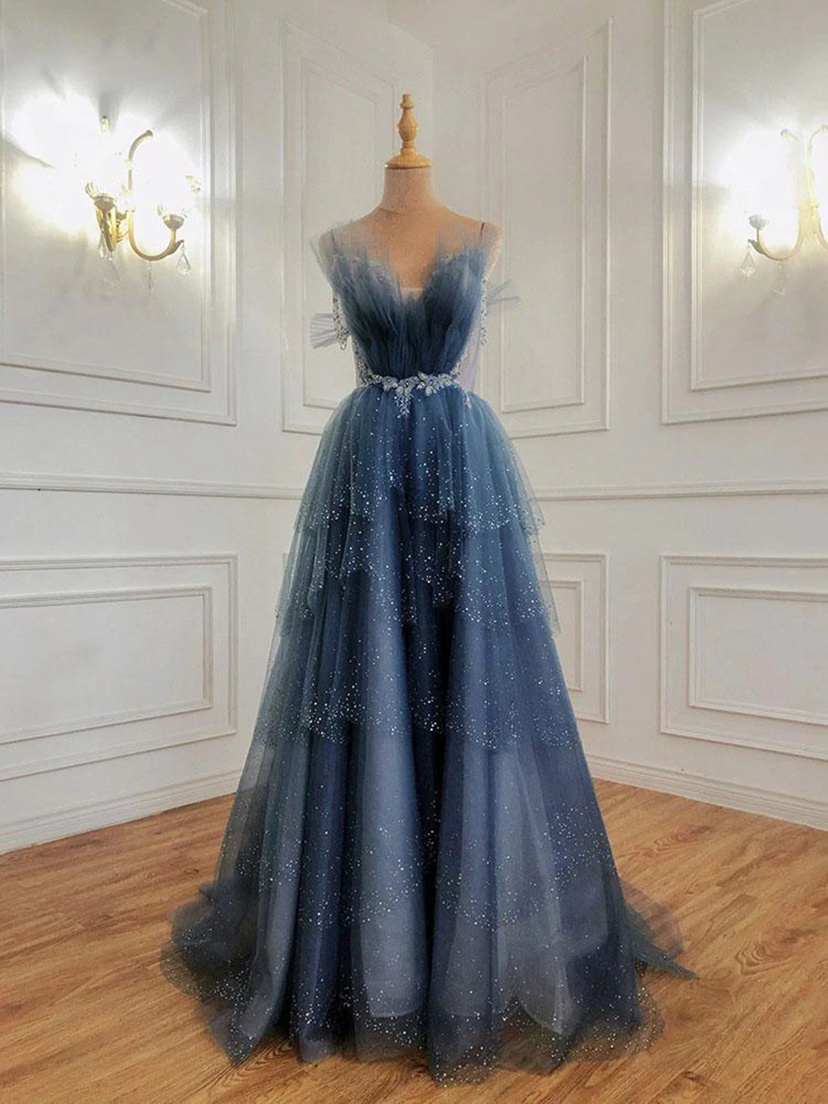 Shiny Blue Beaded Puffy Long Prom Dresses, Blue Beaded Long Formal Gra   Lwt Dress