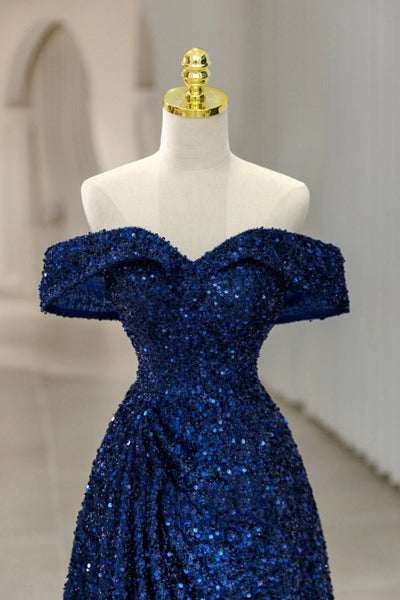 Shiny Blue Sequins Off Shoulder Long Prom Dresses, Off the Shoulder Blue Formal Dresses, Blue Sequins Evening Dresses WT1150