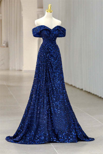 Shiny Blue Sequins Off Shoulder Long Prom Dresses, Off the Shoulder Blue Formal Dresses, Blue Sequins Evening Dresses WT1150