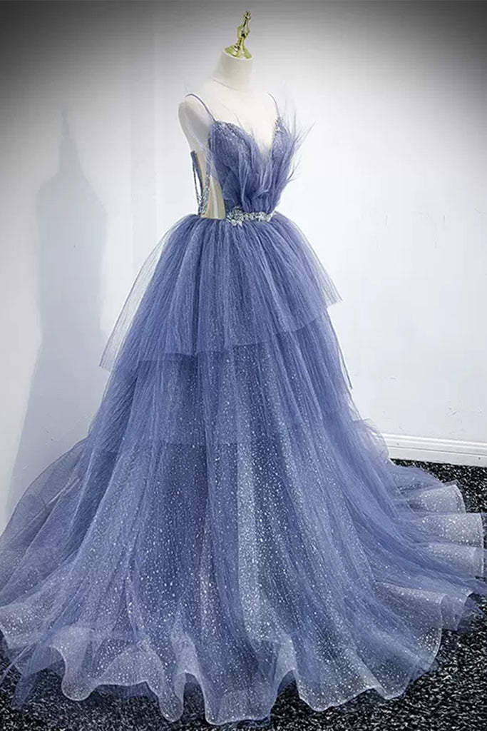 Shiny Blue Tulle V Neck Layered Long Prom Dresses with Belt, Blue Tull Lwt Dress Shiny Blue Tulle V Neck Layered Long Prom Dresses with Belt, Blue Tull Lwt Dress