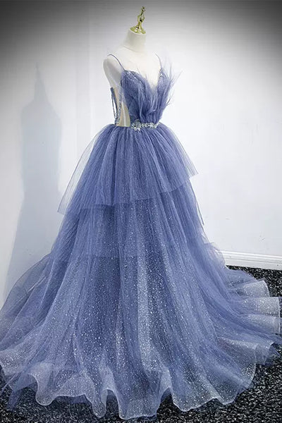 Shiny Blue Tulle V Neck Layered Long Prom Dresses with Belt, Blue Tulle Formal Evening Dresses WT1214