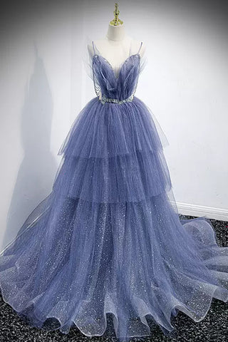 Shiny Blue Tulle V Neck Layered Long Prom Dresses with Belt, Blue Tulle Formal Evening Dresses WT1214