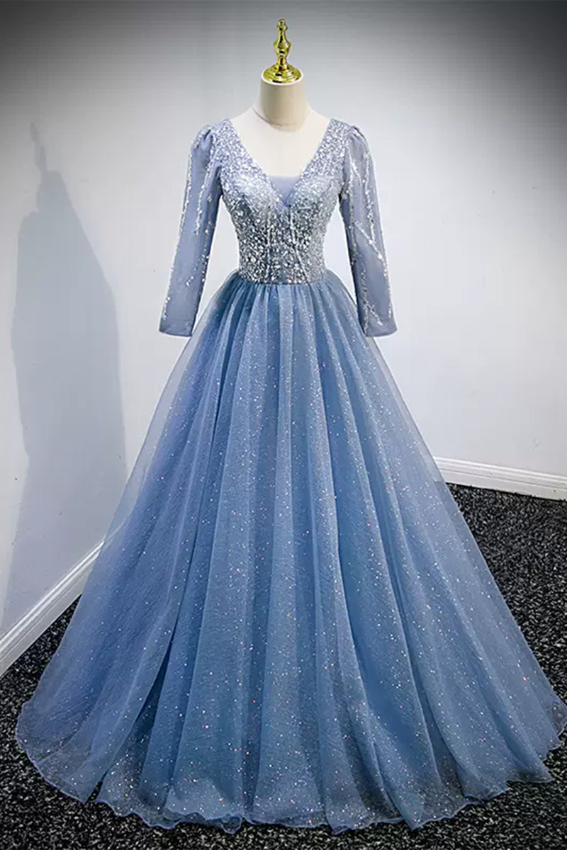 Shiny Blue Tulle V Neck Long Sleeves Beaded Long Prom Dresses, Long Bl