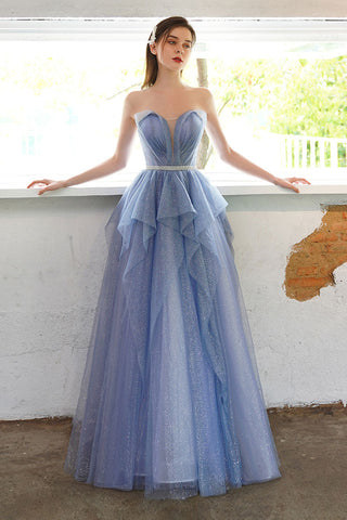 Shiny Blue Tulle V Neck Strapless Long Prom Dresses with Belt, Blue Tulle Formal Evening Dresses WT1045