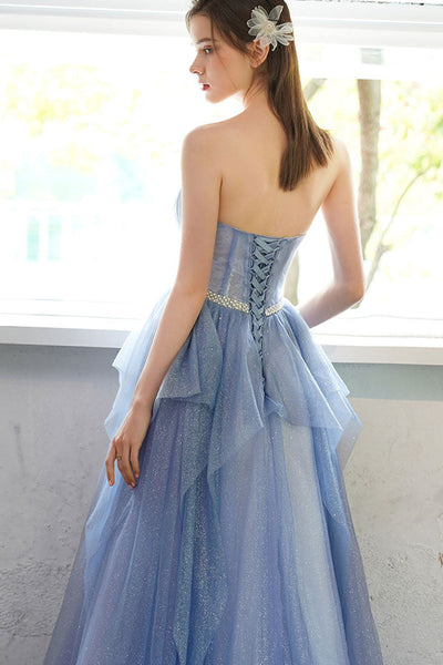 Shiny Blue Tulle V Neck Strapless Long Prom Dresses with Belt, Blue Tulle Formal Evening Dresses WT1045