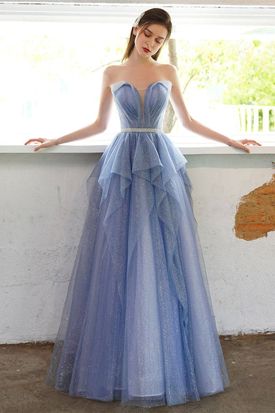 Shiny Blue Tulle V Neck Strapless Long Prom Dresses with Belt, Blue Tulle Formal Evening Dresses WT1045